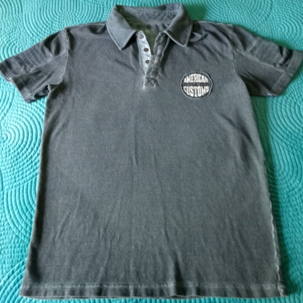 Affliction American Customs Skull Mens Collared Short Sleeve Blue Gray Shirt